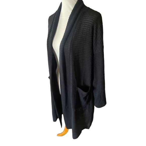 CY Fashion Long Black Open Semi Sheer waffle Knit Cardigan Size Small-NWT - Picture 7 of 16